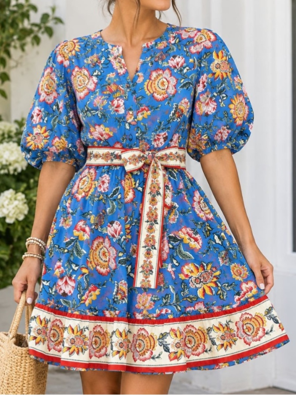 Joie Blue Floral Short Sleeve Dress with Belt and pockets